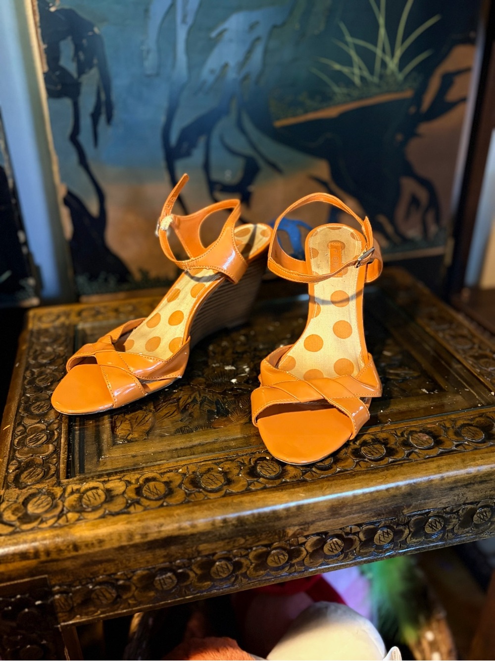 FIONI Clothing Orange Patent Wedge Sandals with Ankle Strap